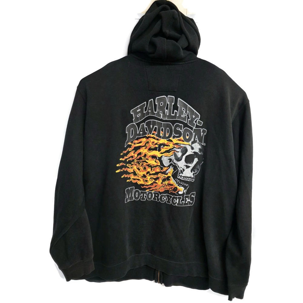 Harley Davidson Mens Black Flaming Skull Graphic Full Zip Hoodie Distressed 3XL